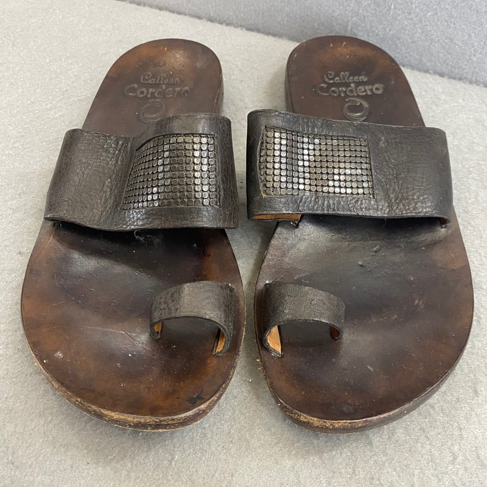Calleen Cordero Womens Brown Leather Studded‎ Toe Loop Slide Sandals Handcrafted